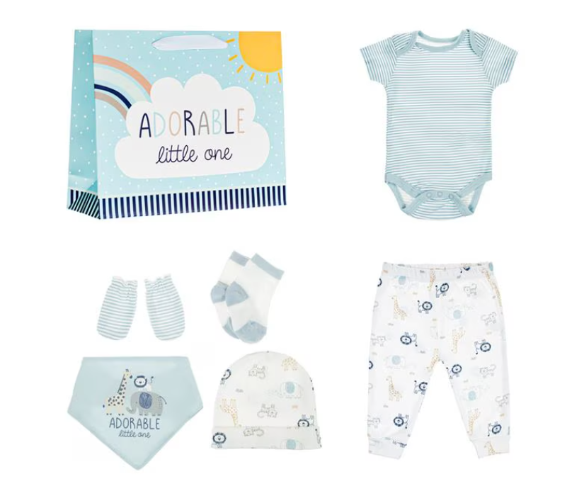 Set Cadou pentru Nou-Nascuti - Adorable Little One, bumbac, alb-bleu, 8 piese - imagine 3