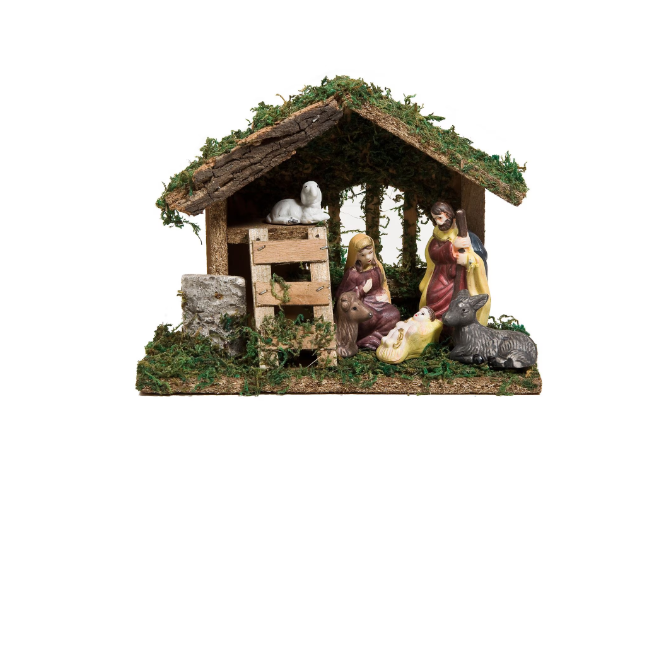 Set Decoratiune Craciun, Iesle, 6 Figurine, Portelan si Lemn, 21x9x16cm, Multicolor